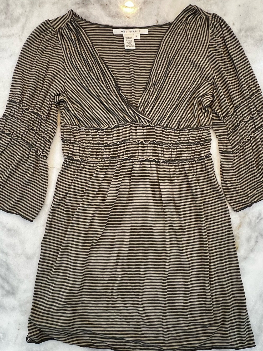 Max Studio Black and Cream Striped V‑Neck Smocked Waist Dress Ruched Bell Sleeve